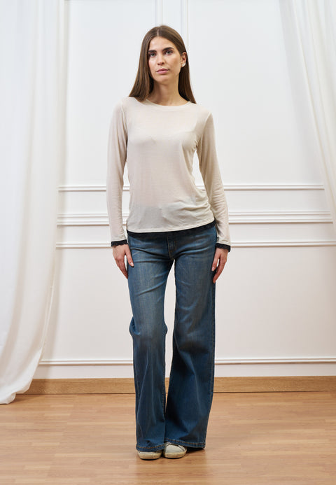 T-shirt misto cachemire dettagli in pizzo