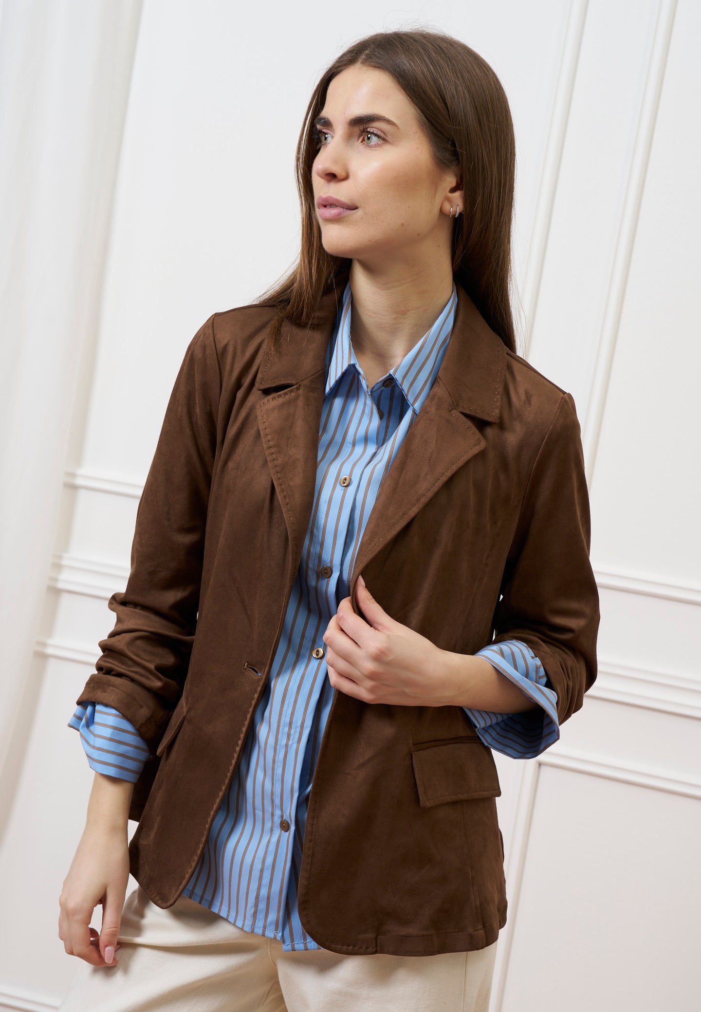 Camicia a righe con manica ampia - AZZURRO/TABACCO