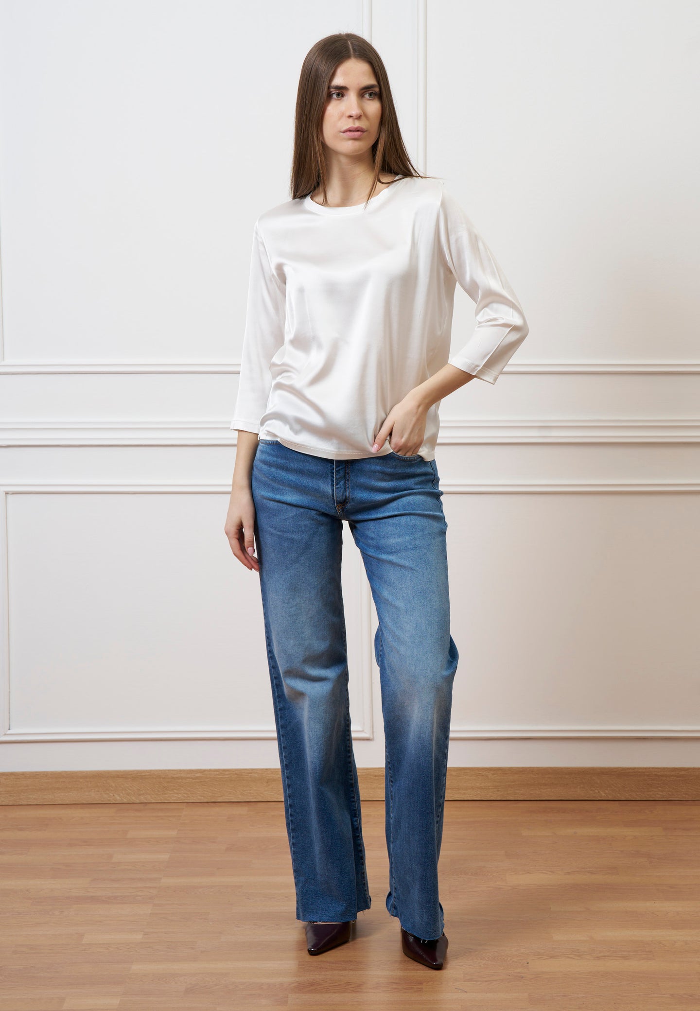 Blusa in raso maniche trequarti  - AVORIO