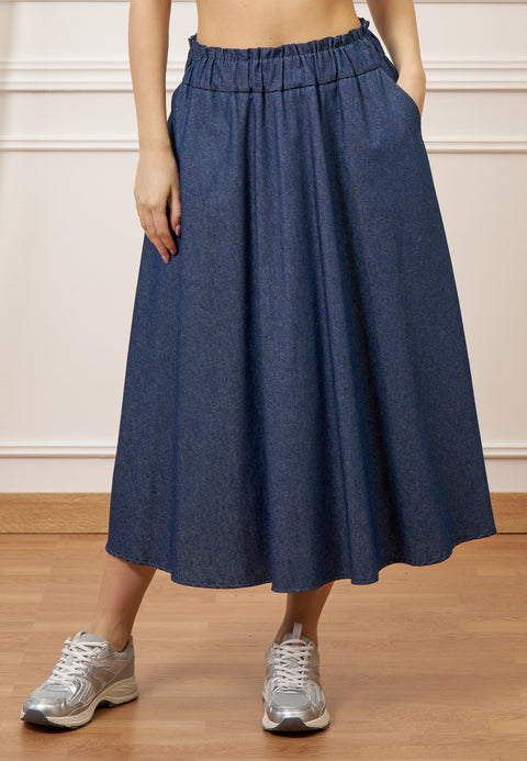 Gonna midi a ruota effetto denim