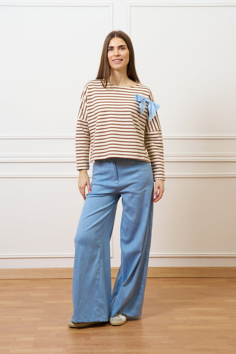 Felpa a righe con fiocco - AVORIO/TABACCO