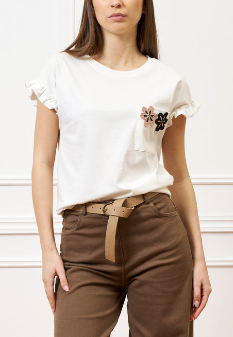 T-shirt con rouches e applicazione - AVORIO