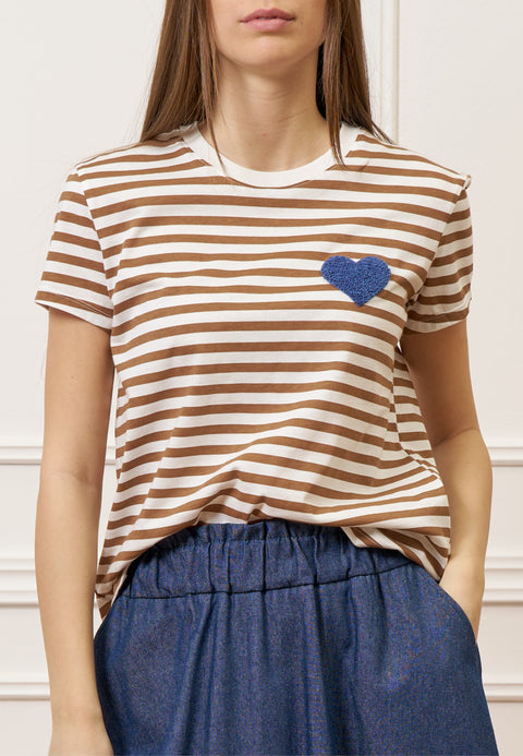 T-shirt a righe con cuore - BIANCO/TABACCO