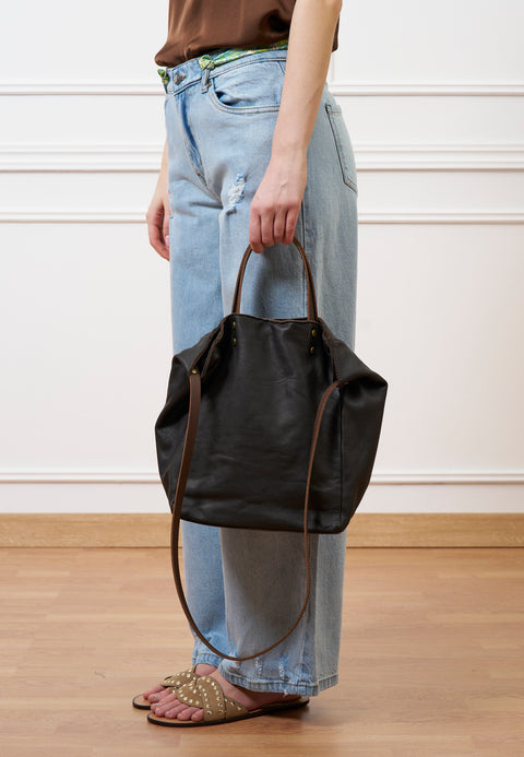 Borsa shopper in pelle con manici - MARRONE