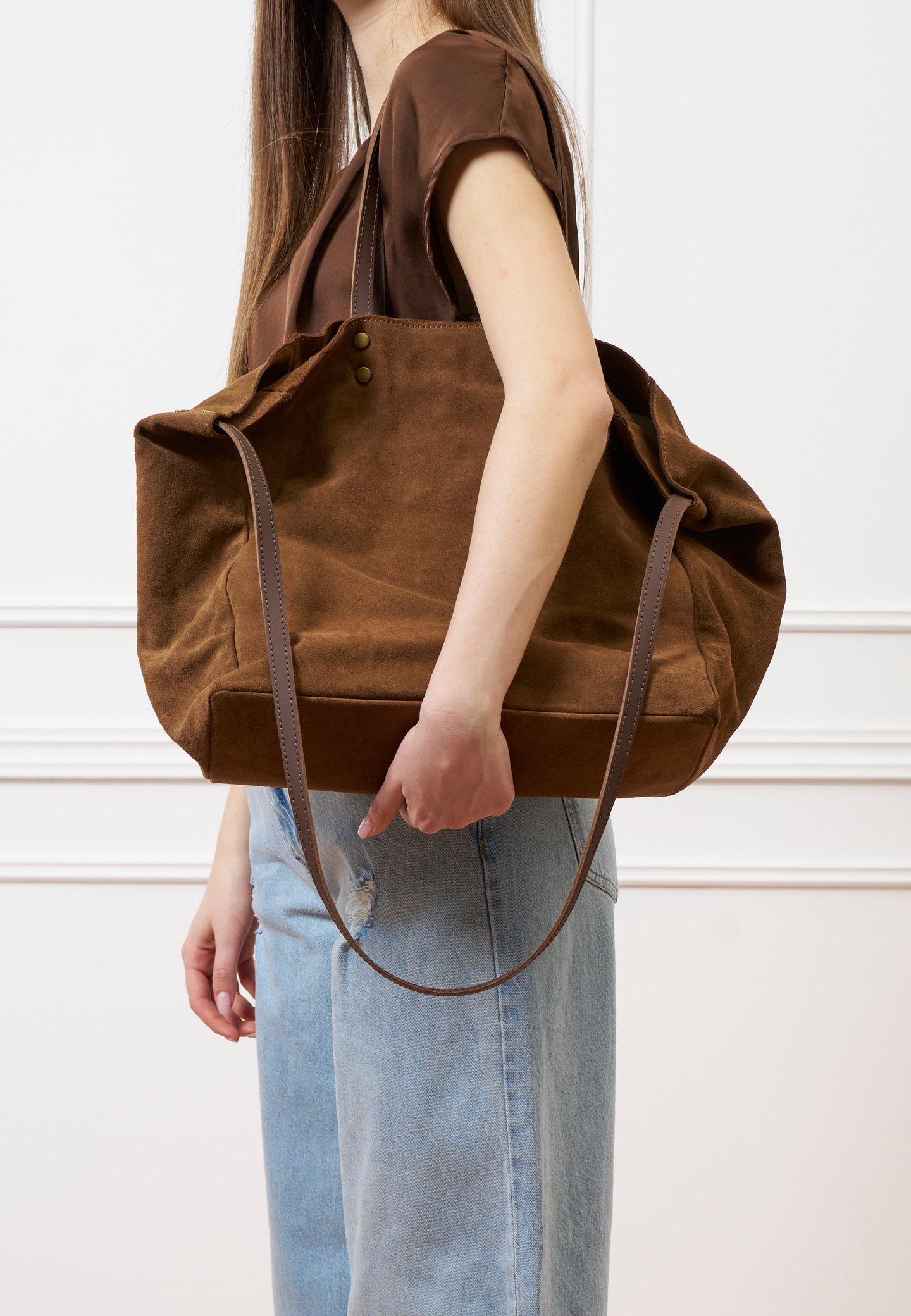 Borsa maxi shopper in camoscio - TABACCO