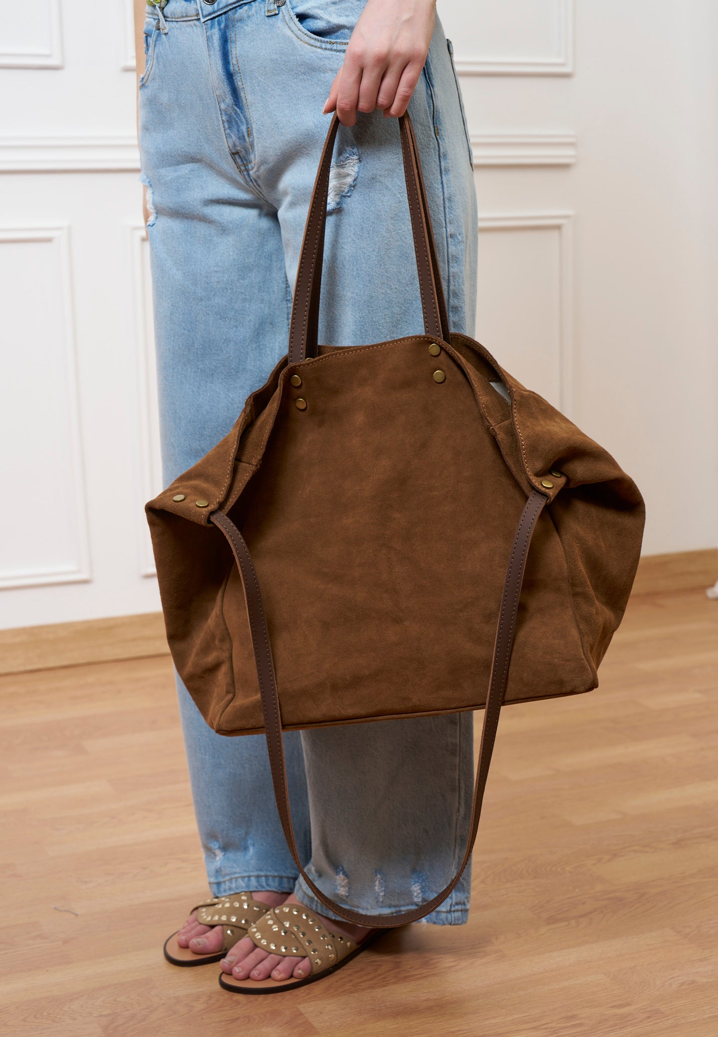 Borsa maxi shopper in camoscio - TABACCO