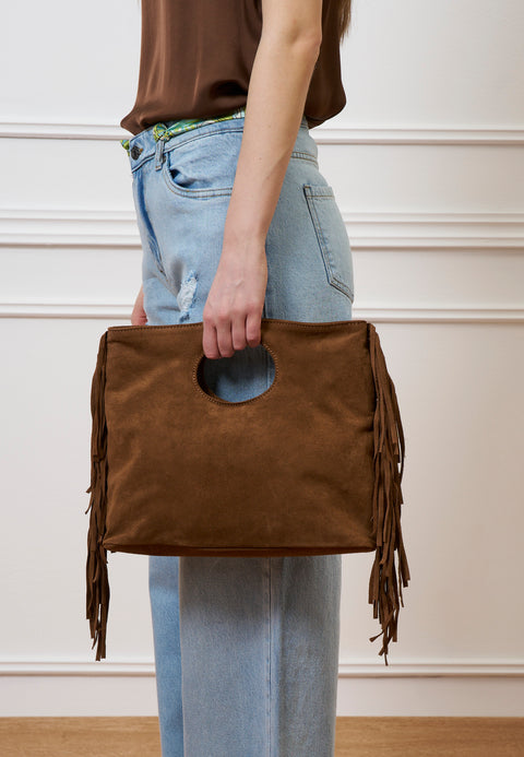 Borsa in camoscio con frange laterali - TABACCO