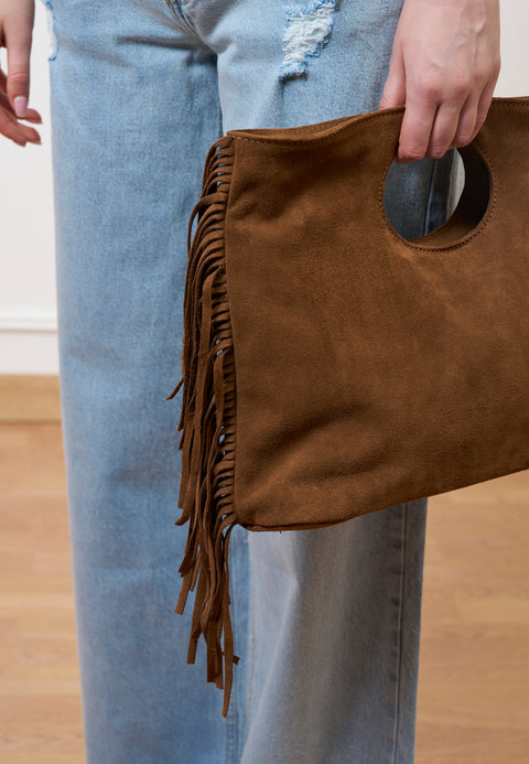 Borsa in camoscio con frange laterali - TABACCO