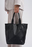 Borsa shopper in vera pelle con manici - NERO