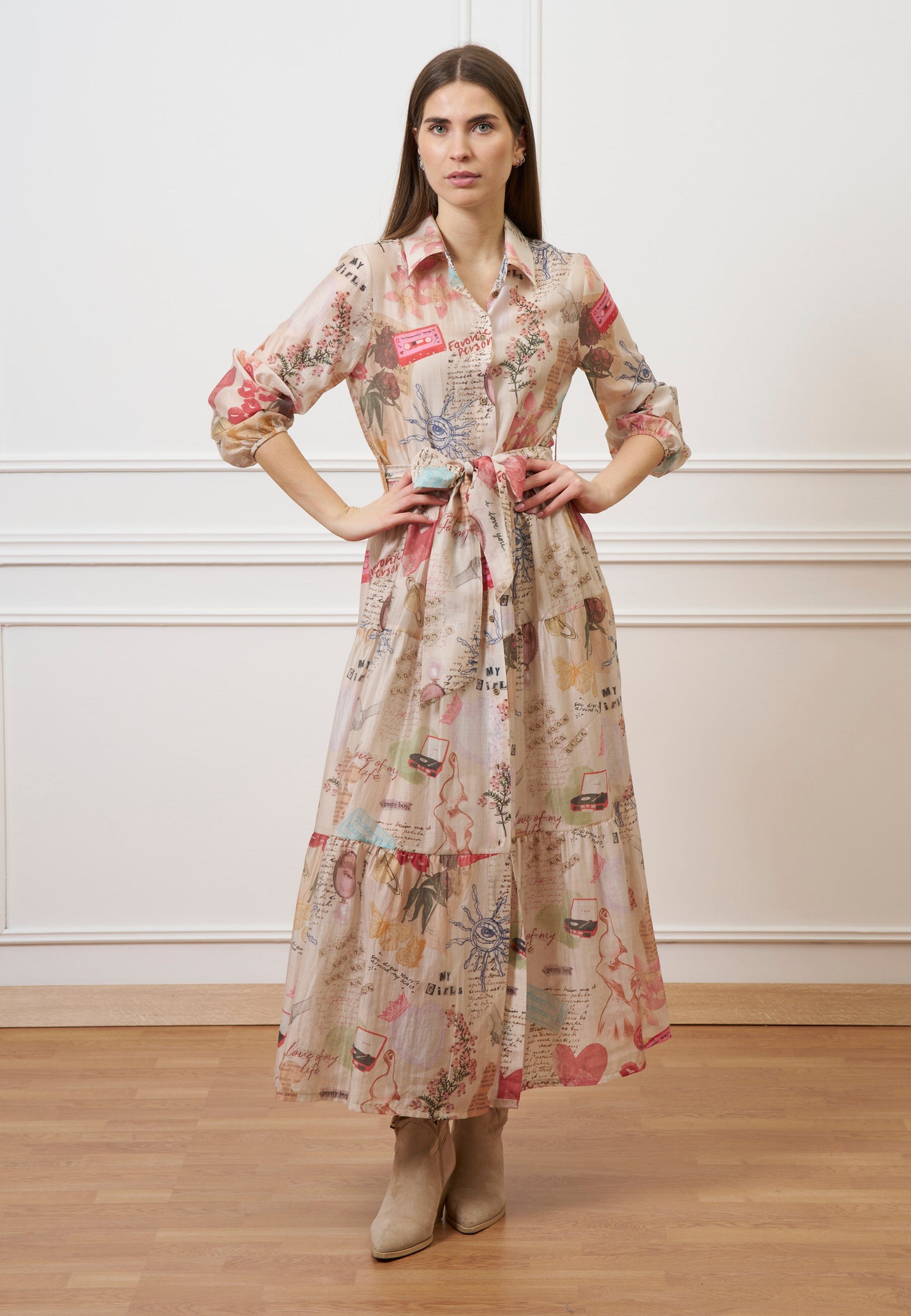 Vestito lungo chemisier con cintura - AVORIO/ROSA