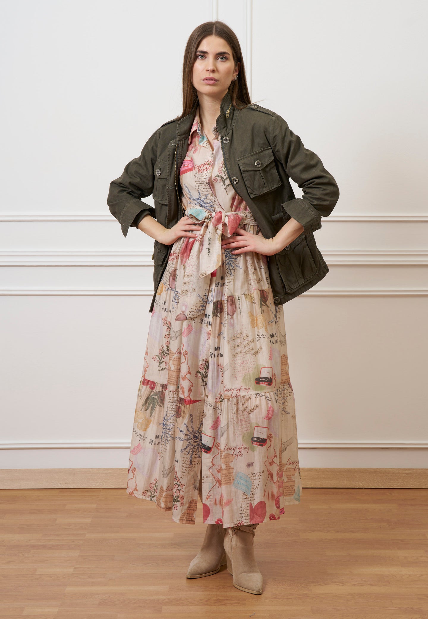 Vestito lungo chemisier con cintura - AVORIO/ROSA