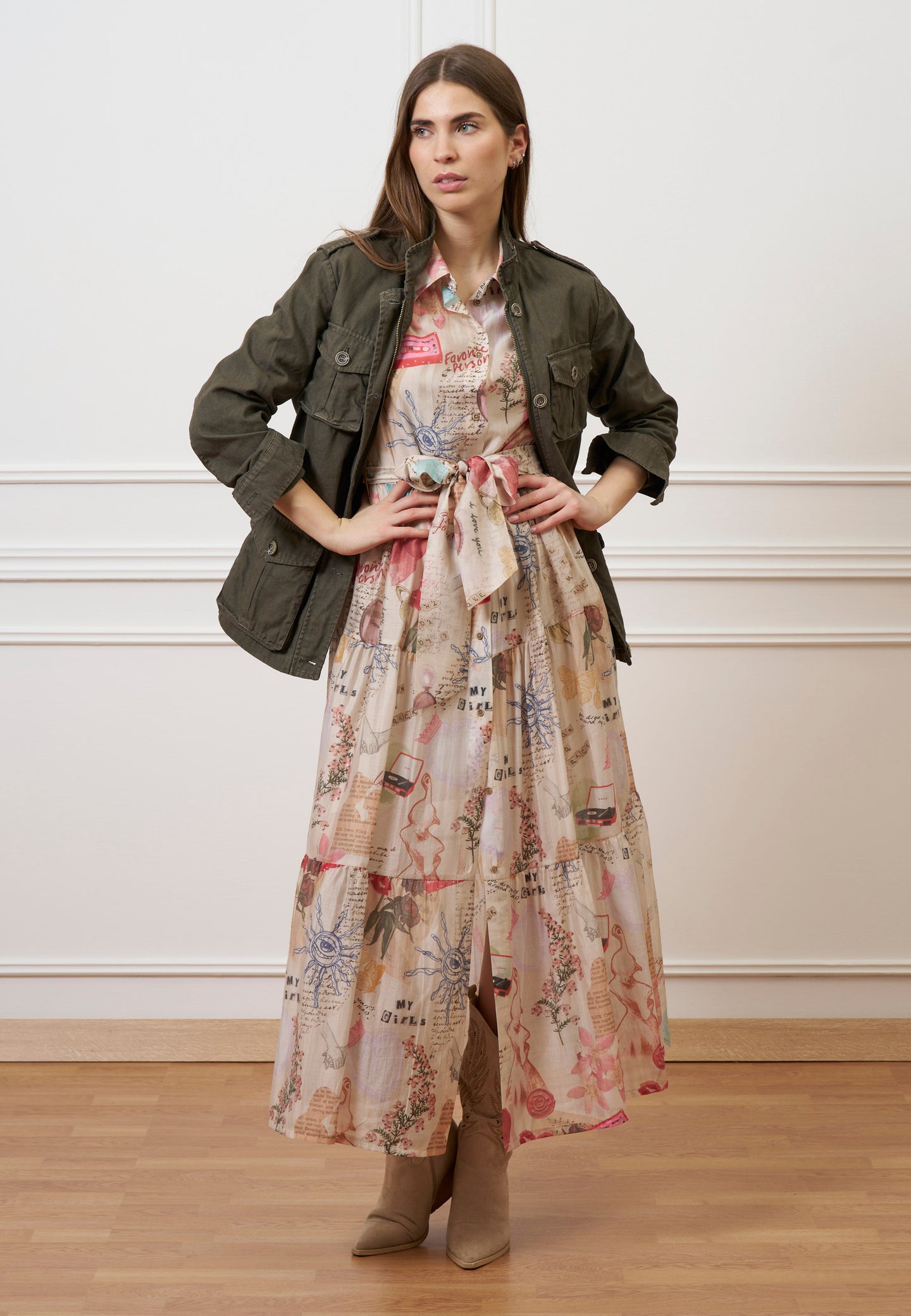 Vestito lungo chemisier con cintura - AVORIO/ROSA