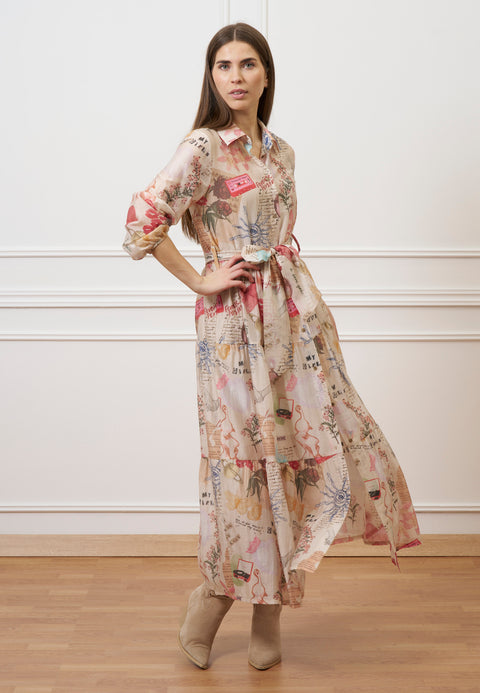 Vestito lungo chemisier con cintura - AVORIO/ROSA