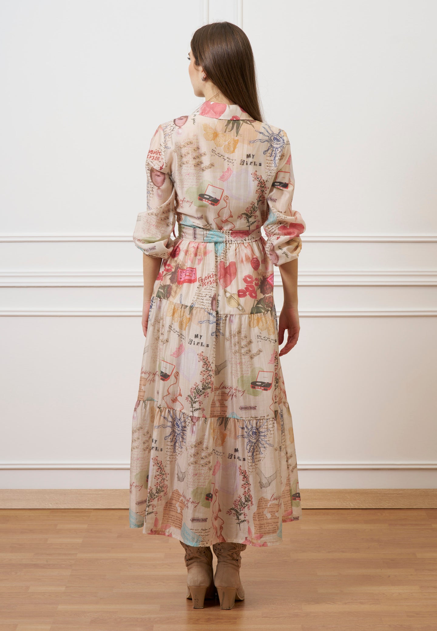 Vestito lungo chemisier con cintura - AVORIO/ROSA