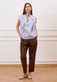Blusa a righe con volant sulle spalle - CELESTE
