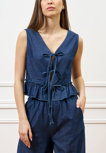 Blusa con laccetti in chambray - BLU