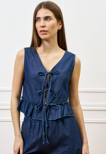 Blusa con laccetti in chambray - BLU