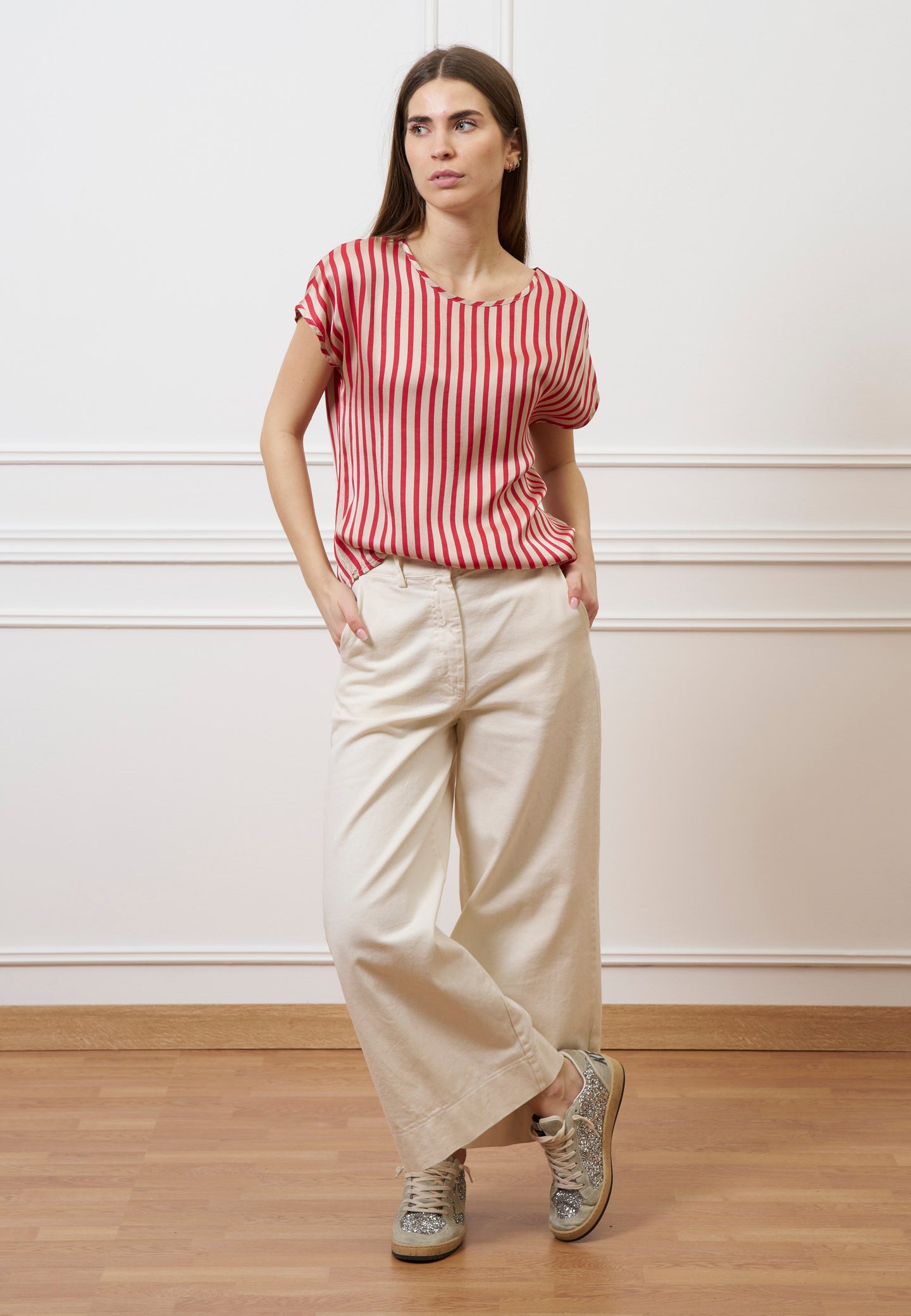 Blusa in raso a righe  - ROSSO/BEIGE