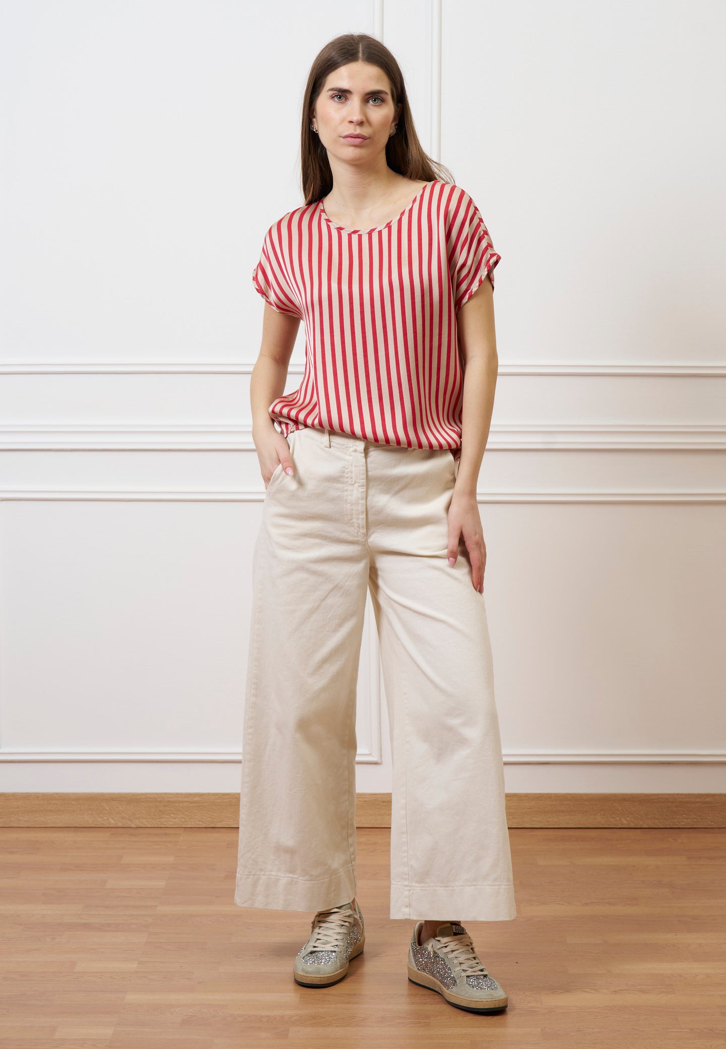 Blusa in raso a righe  - ROSSO/BEIGE