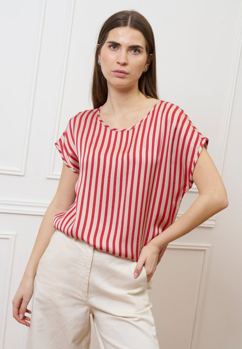 Blusa in raso a righe  - ROSSO/BEIGE