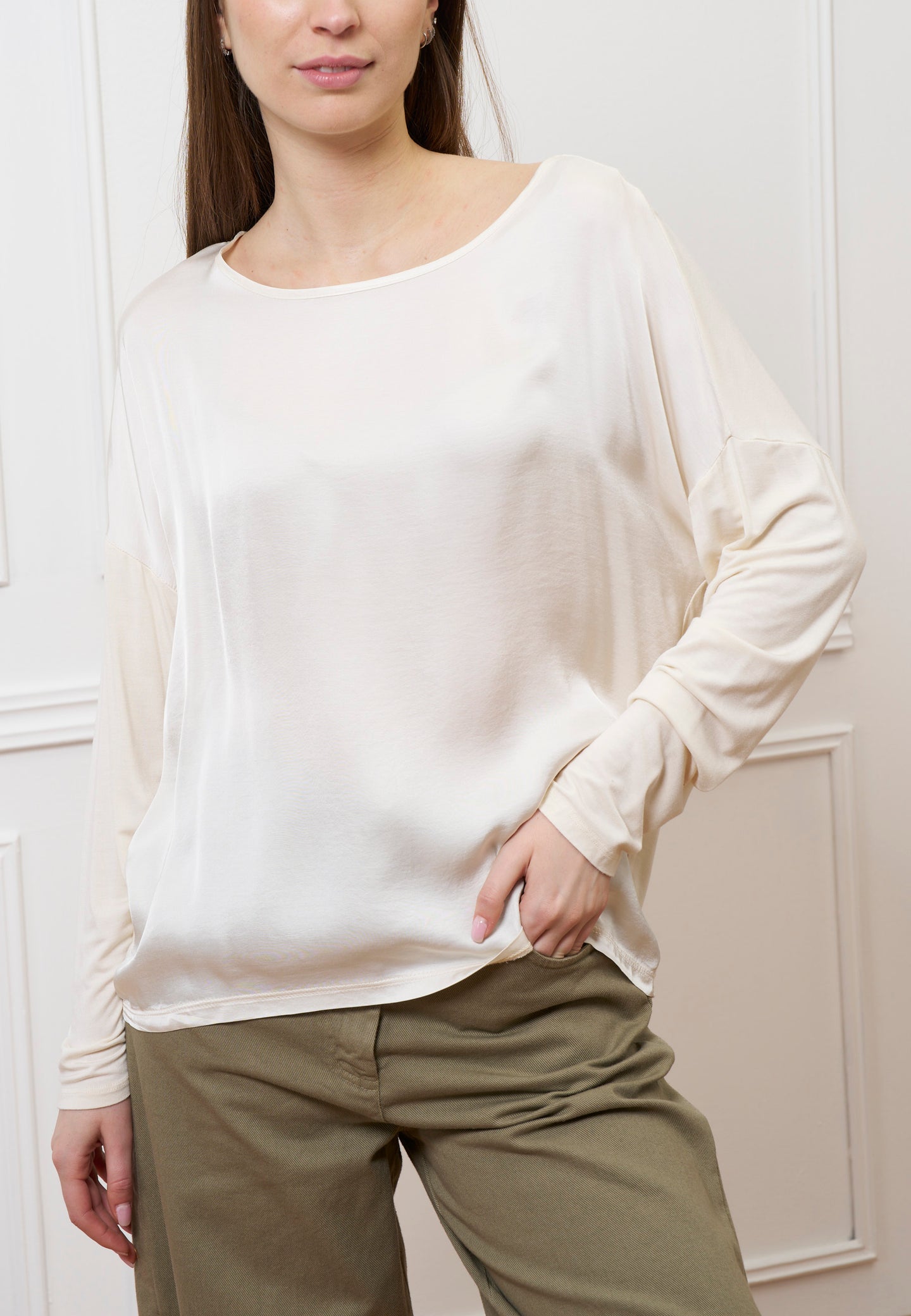 Blusa over in raso e jersey - AVORIO