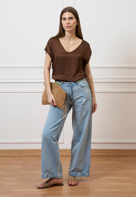 Blusa in raso a maniche corte - MARRONE