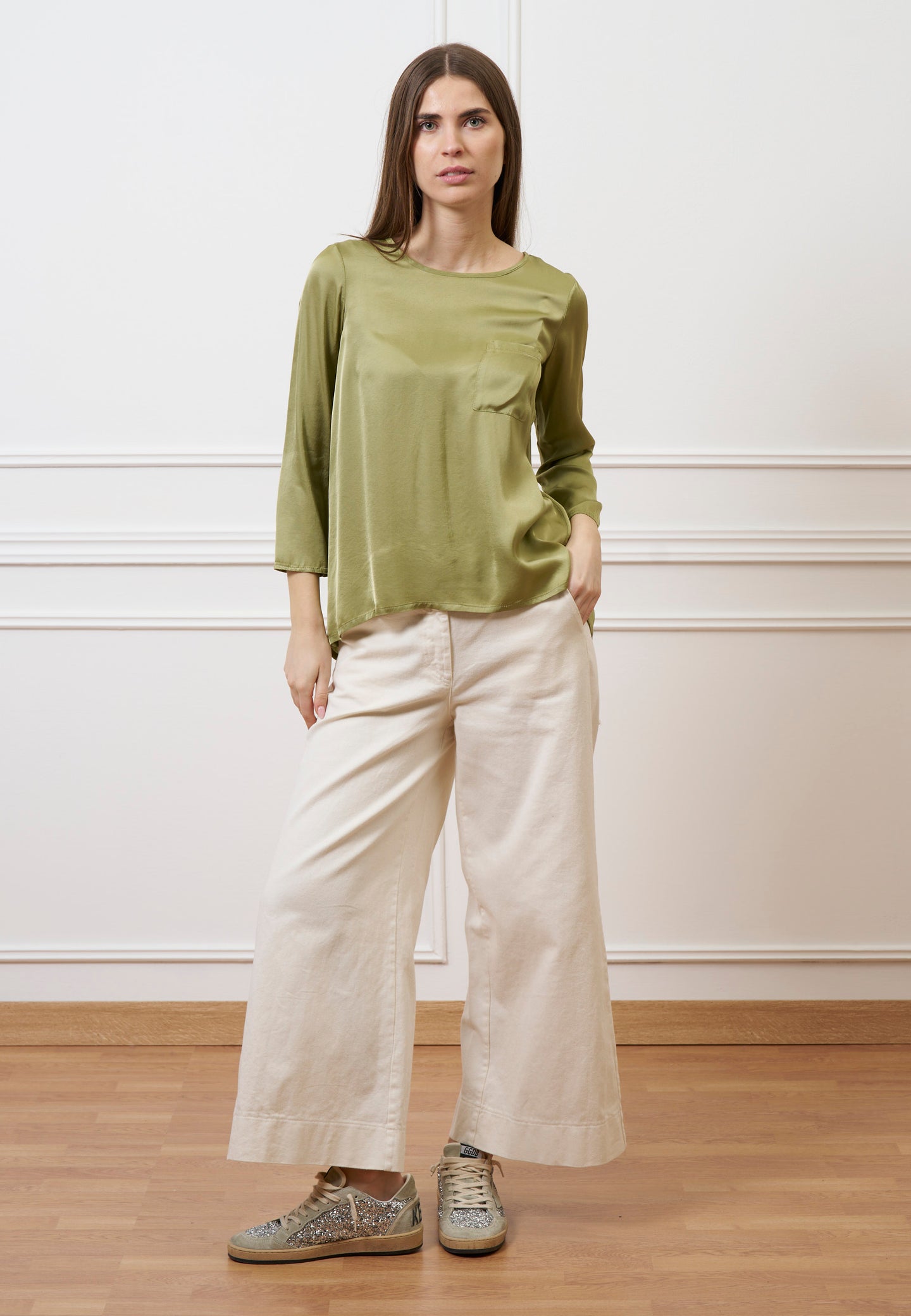 Blusa con taschino e arriccio retro - SALVIA