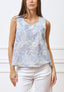 Blusa smanicata a righe con ricami floreali - CELESTE