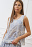 Blusa smanicata a righe con ricami floreali - CELESTE