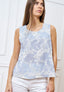 Blusa smanicata a righe con ricami floreali - CELESTE