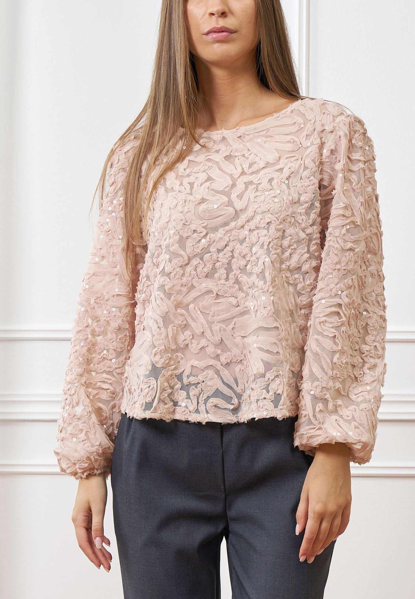 Blusa fiori rilievo paillettes