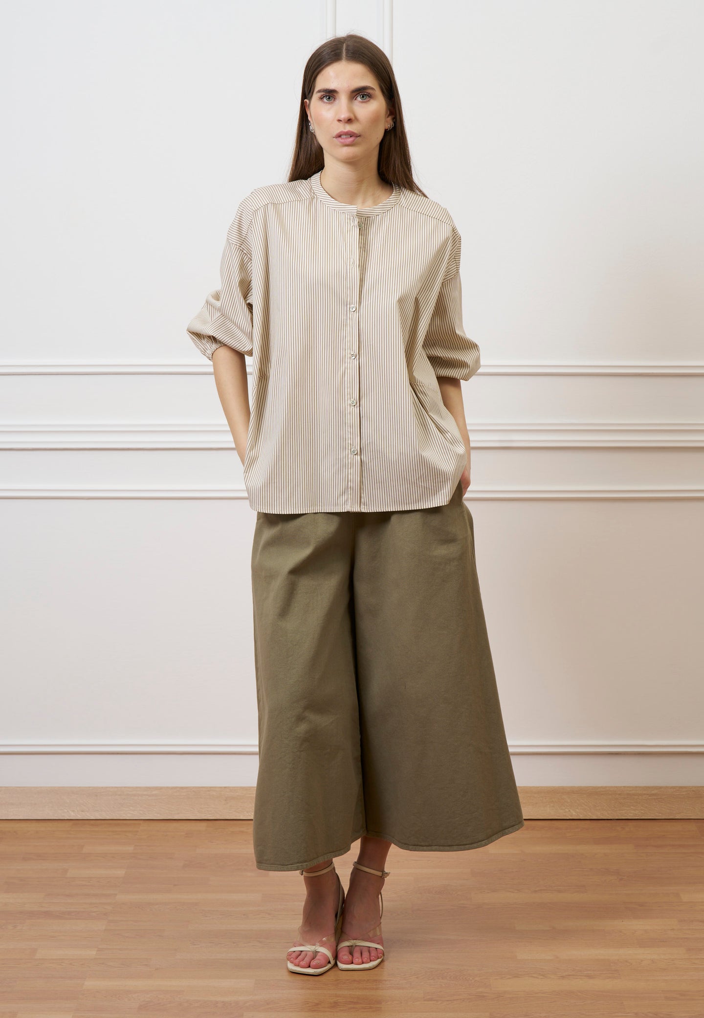 Camicia over in popeline rigato - AVORIO/NOCCIOLA