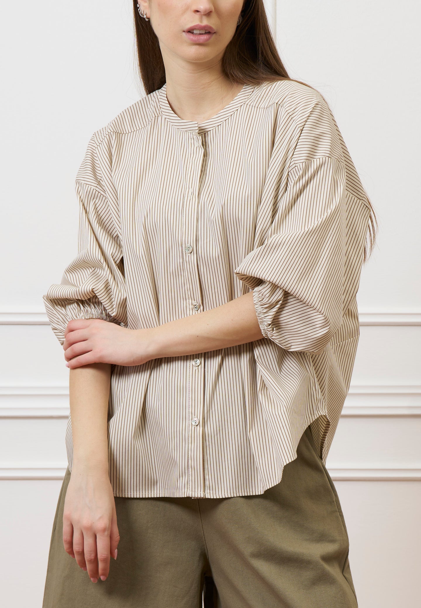 Camicia over in popeline rigato - AVORIO/NOCCIOLA