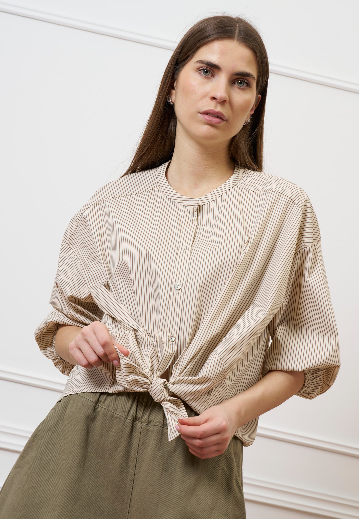 Camicia over in popeline rigato - AVORIO/NOCCIOLA