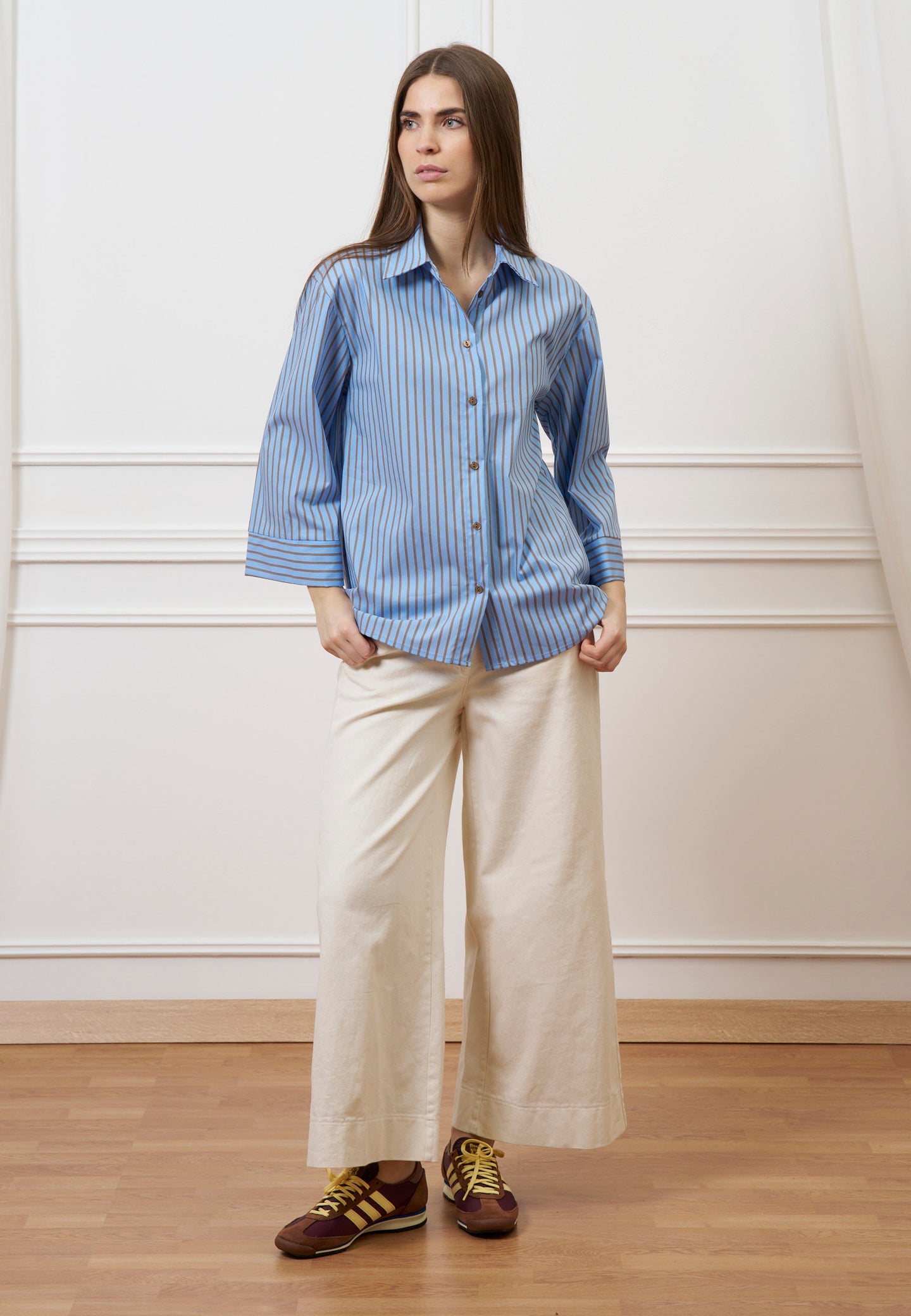 Camicia a righe con manica ampia - AZZURRO/TABACCO