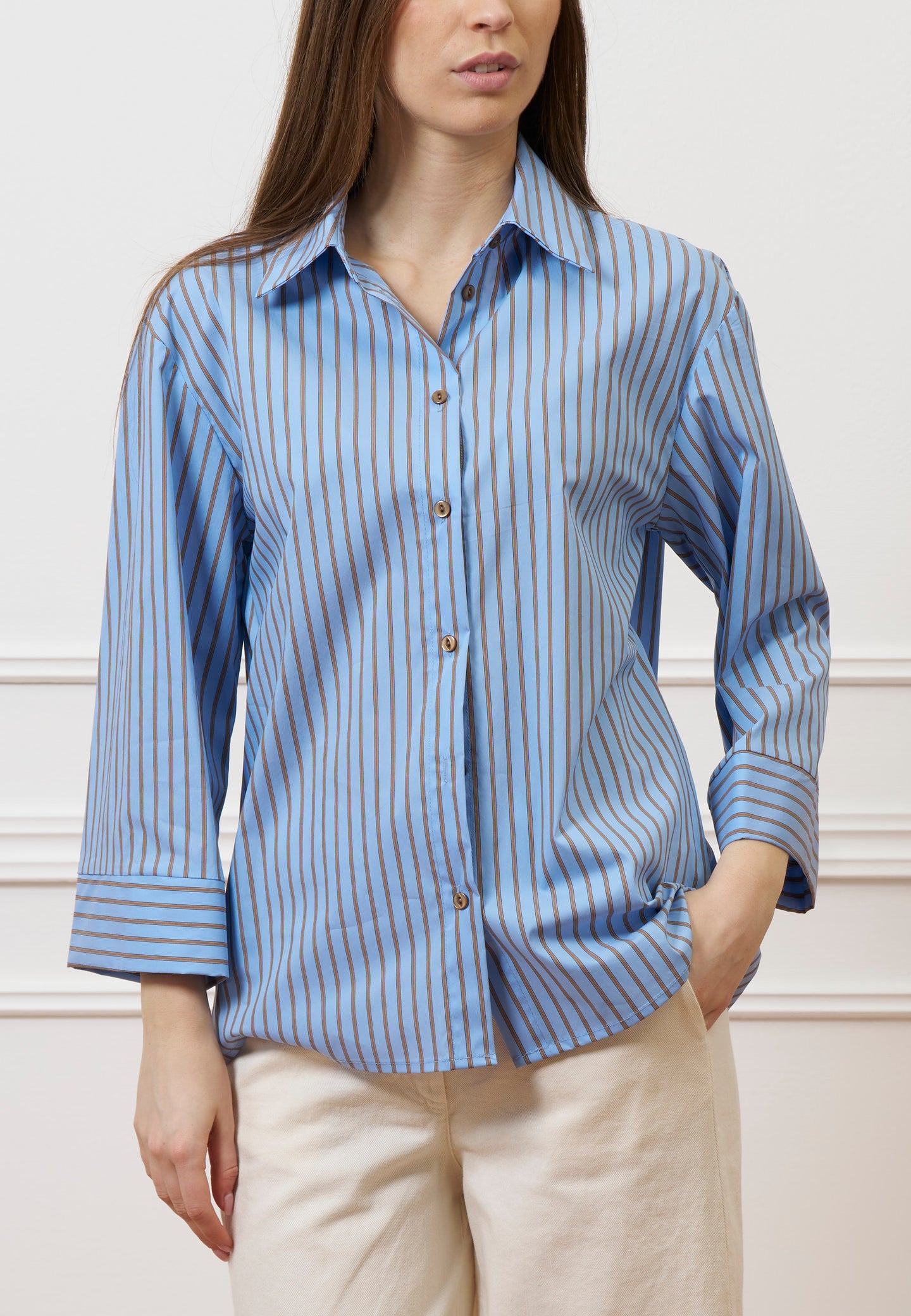 Camicia a righe con manica ampia - AZZURRO/TABACCO