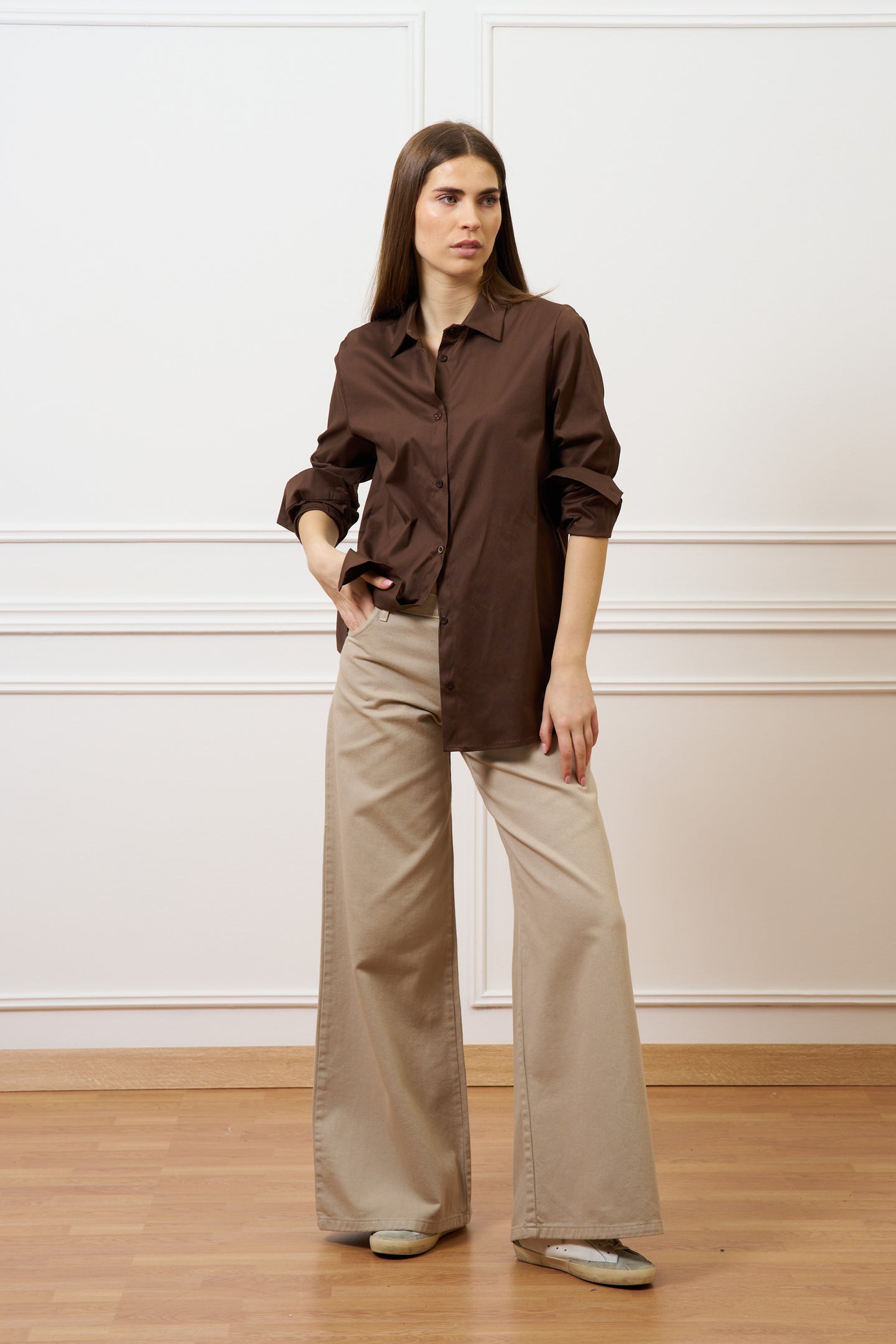 Camicia over lunga in cotone - MARRONE