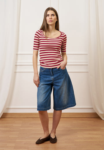 T-shirt a righe in costine stretch - BORDEAUX