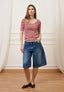T-shirt a righe in costine stretch - BORDEAUX