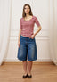 T-shirt a righe in costine stretch - BORDEAUX
