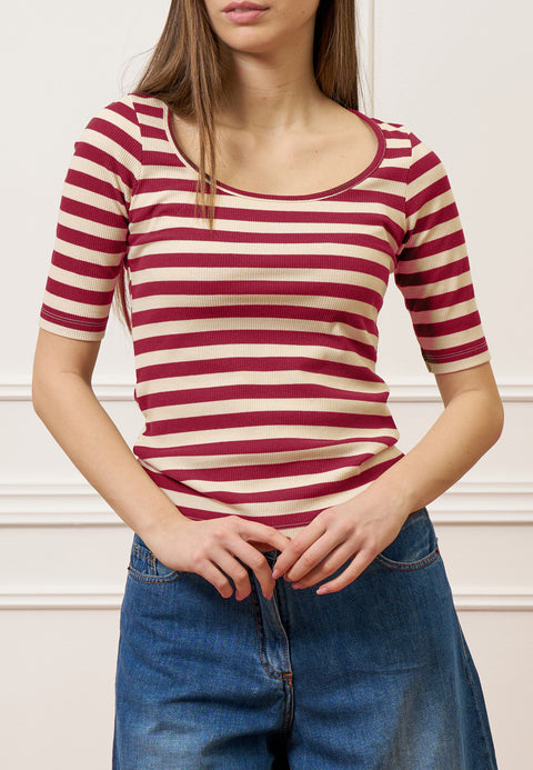 T-shirt a righe in costine stretch - BORDEAUX