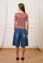 T-shirt a righe in costine stretch - BORDEAUX