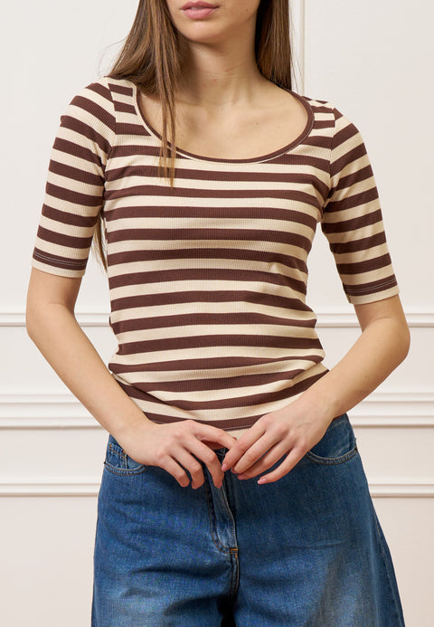 T-shirt a righe in costine stretch - MARRONE