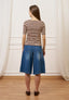 T-shirt a righe in costine stretch - MARRONE