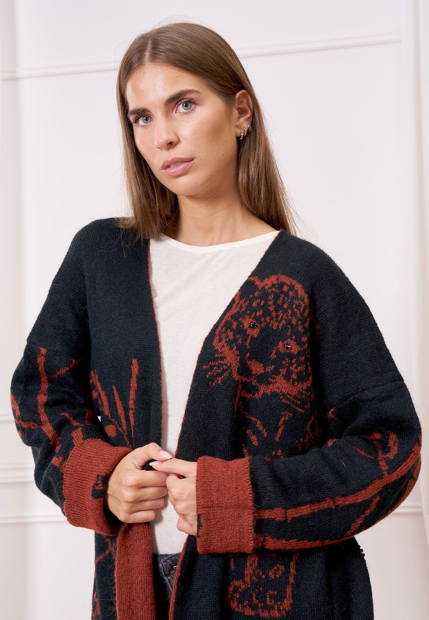 Cappotto maglia jacquard con frange