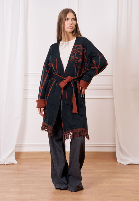 Cappotto maglia jacquard con frange