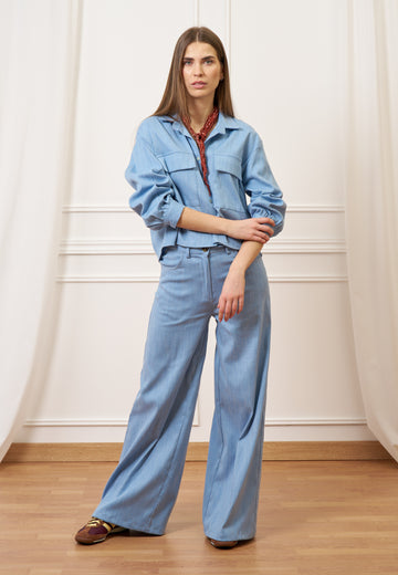 Camicia crop effetto denim