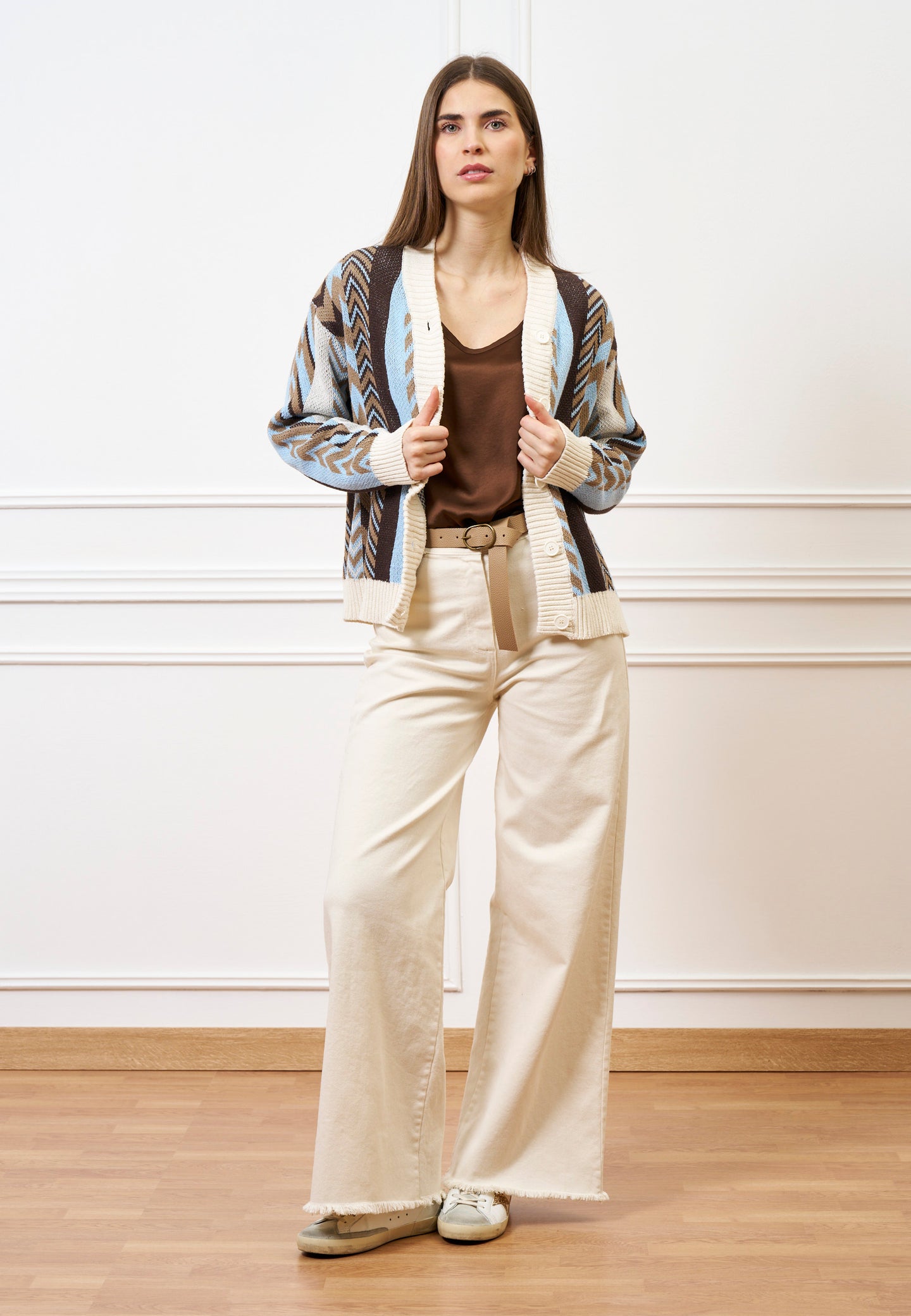 Cardigan motivo geometrico - CELESTE/TABACCO