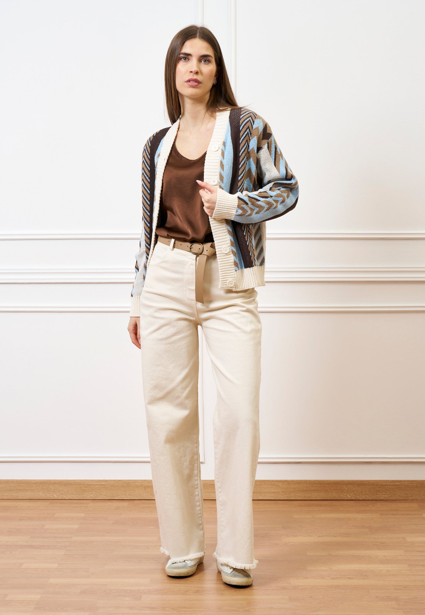 Cardigan motivo geometrico - CELESTE/TABACCO