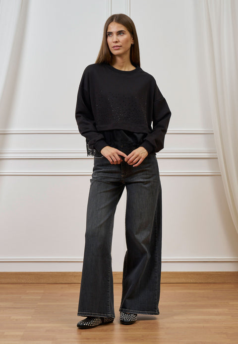 Felpa con strass e pizzo sul fondo